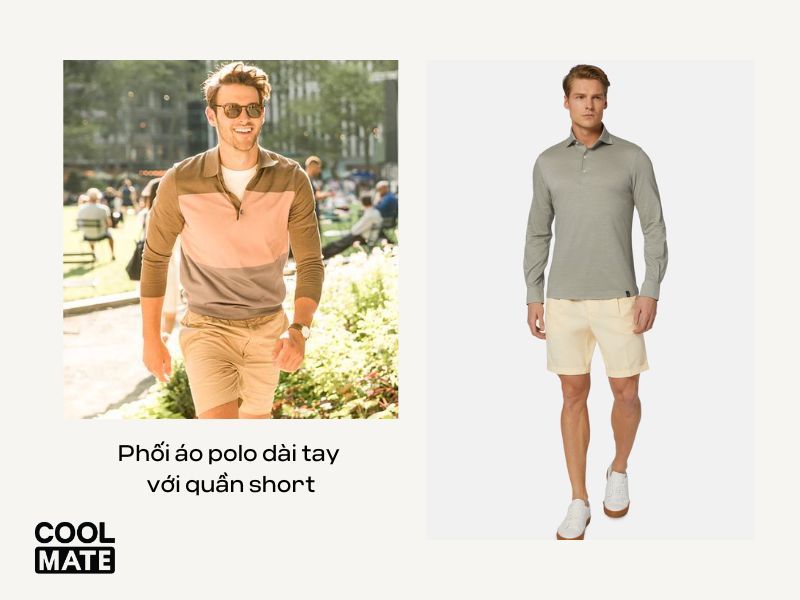 Phối áo polo dài tay với quần short