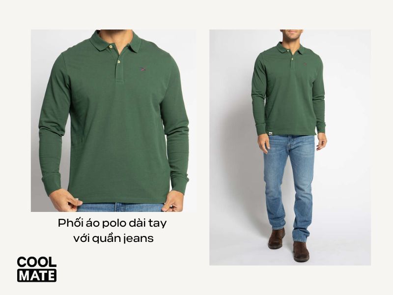 Phối áo polo dài tay với quần jeans