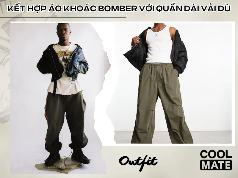 Kết hợp áo khoác bomber với quần dài vải dù