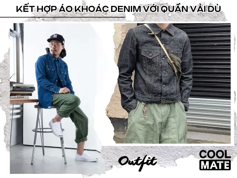 Phối quần vải dù với áo khoác denim