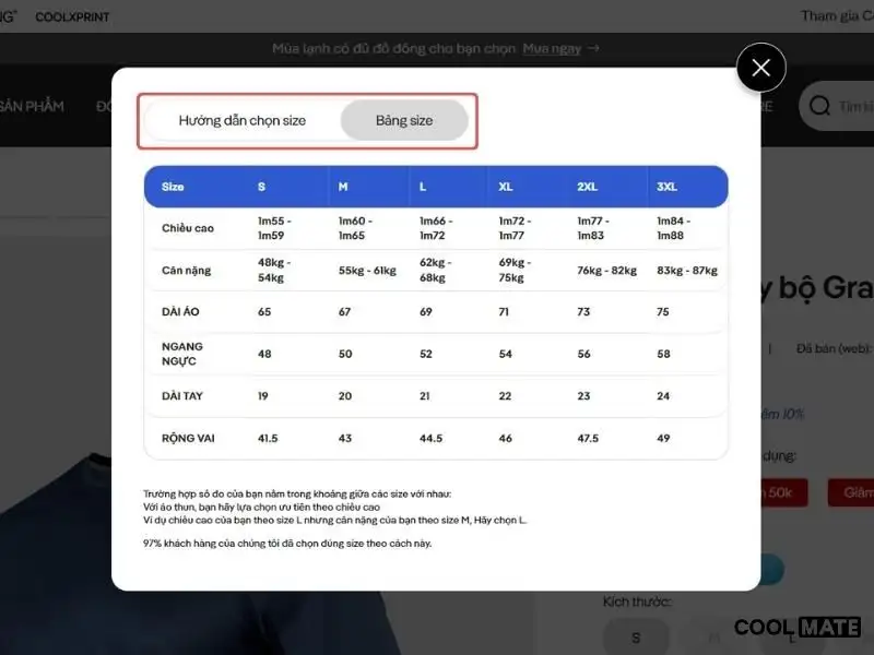 Bảng size chọn áo thun chạy bộ nhà Coolmate