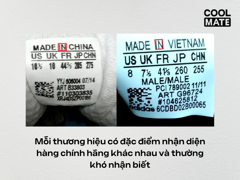 Mỗi thương hiệu có đặc điểm nhận diện hàng chính hãng khác nhau và thường khó nhận biết