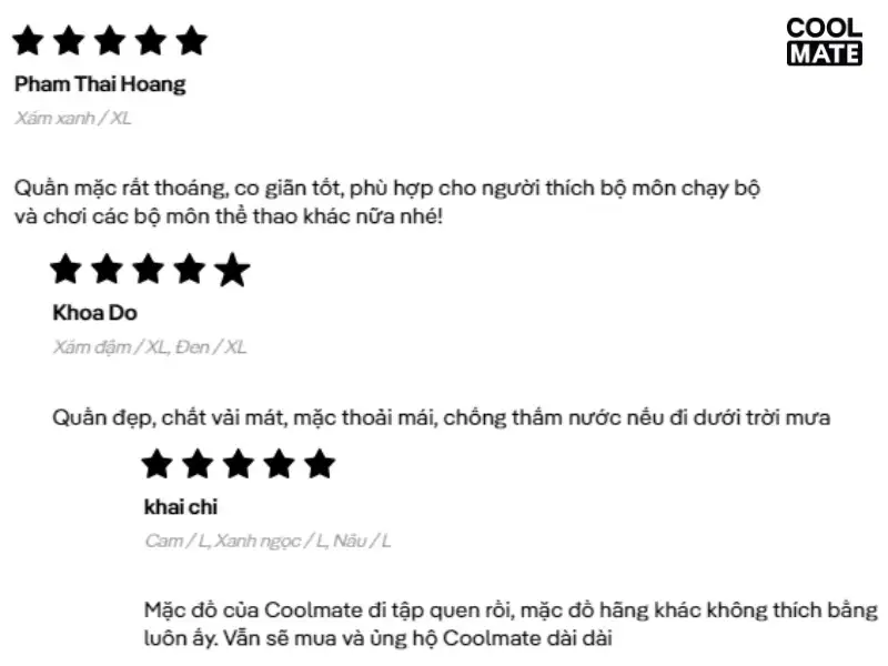 Feedback tích cực của khách hàng về quần thể thao Coolmate