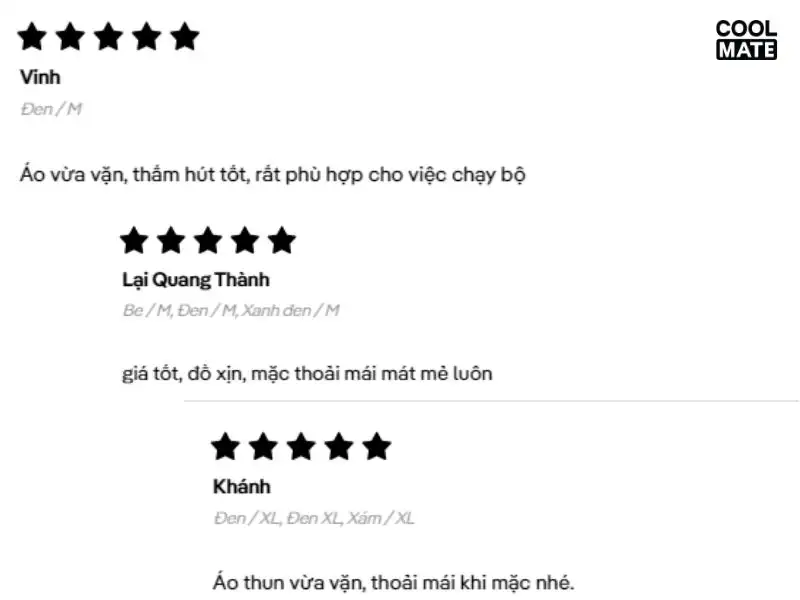 Đánh giá của khách hàng về áo thê thao đen Coolmate