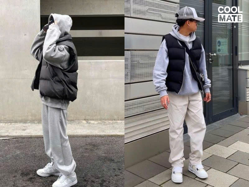 Áo ba lỗ xám + Áo hoodie đen