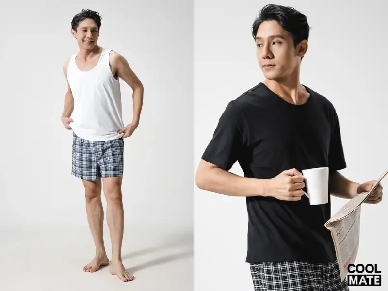 Phối đồ mặc ở nhà với quần boxer short cùng áo ba lỗ hoặc áo thun 