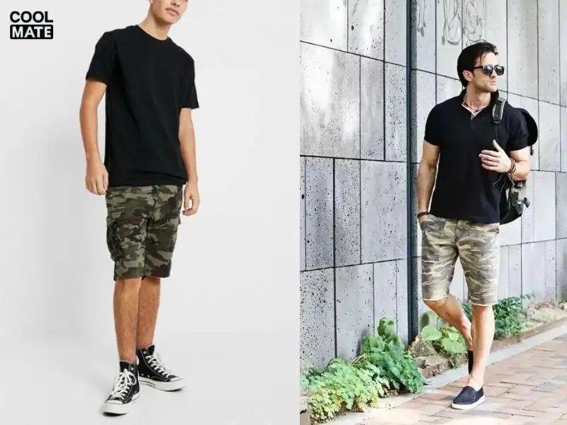 Áo đen kết hợp với quần short họa tiết camo