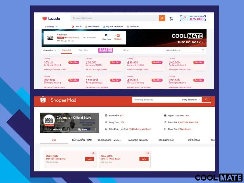 Trang Lazada và Shopee của Coolmate