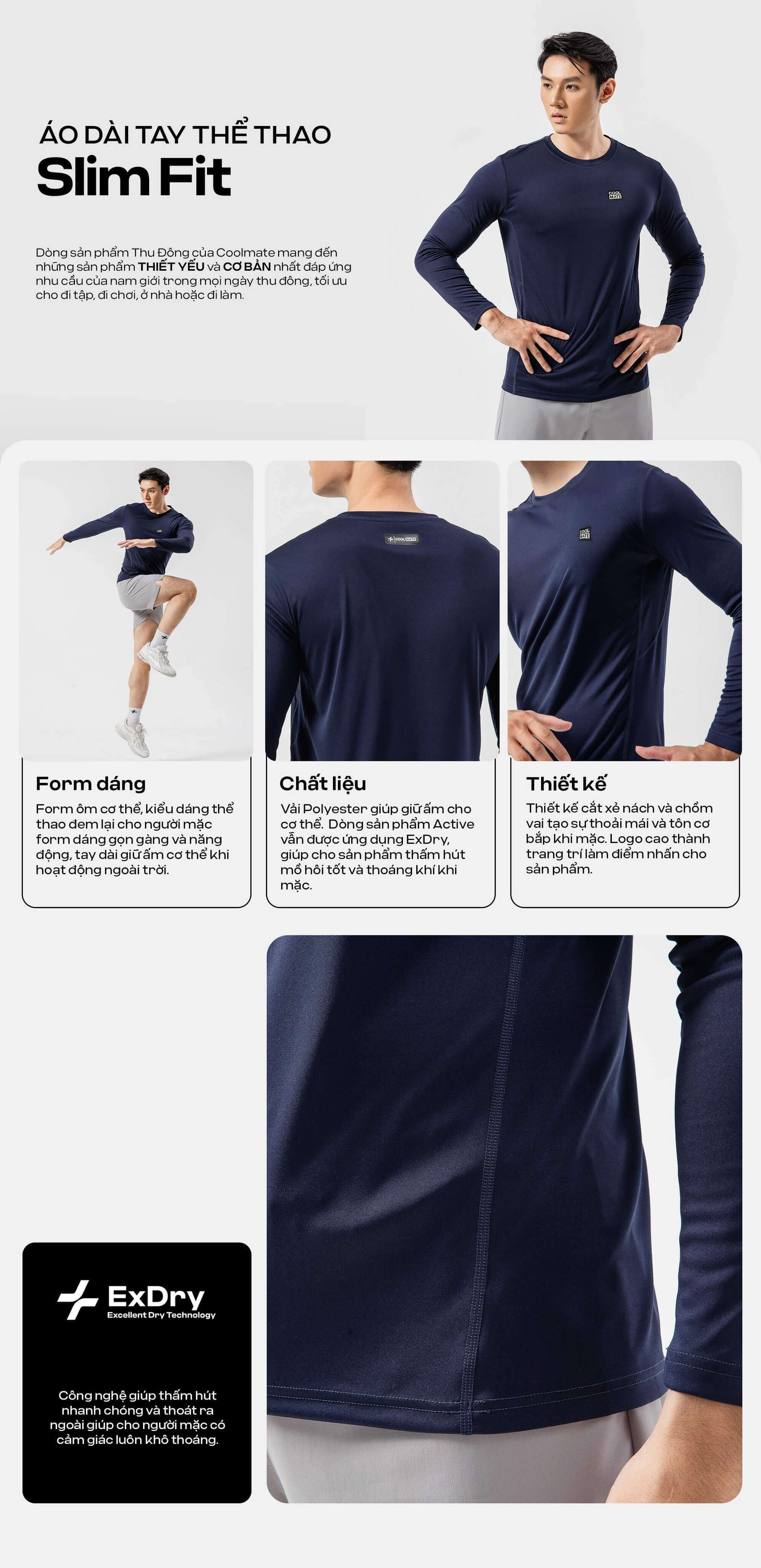 Người mẫu nam mặc áo dài tay thể thao Slim Fit màu xanh navy, cùng các ảnh chi tiết về form dáng, chất liệu và công nghệ ExDry