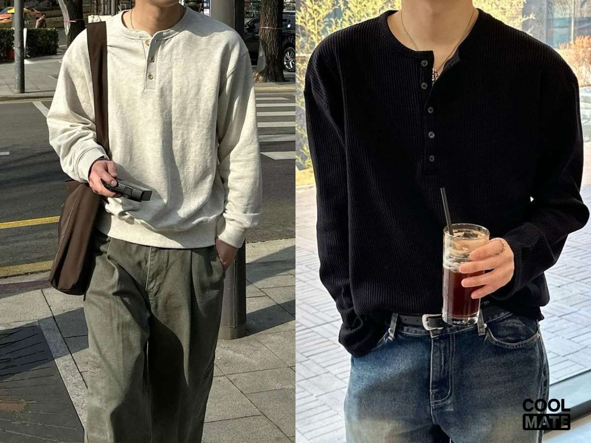 Vẻ ngoài nam tính với áo thun dài tay Henley màu xám