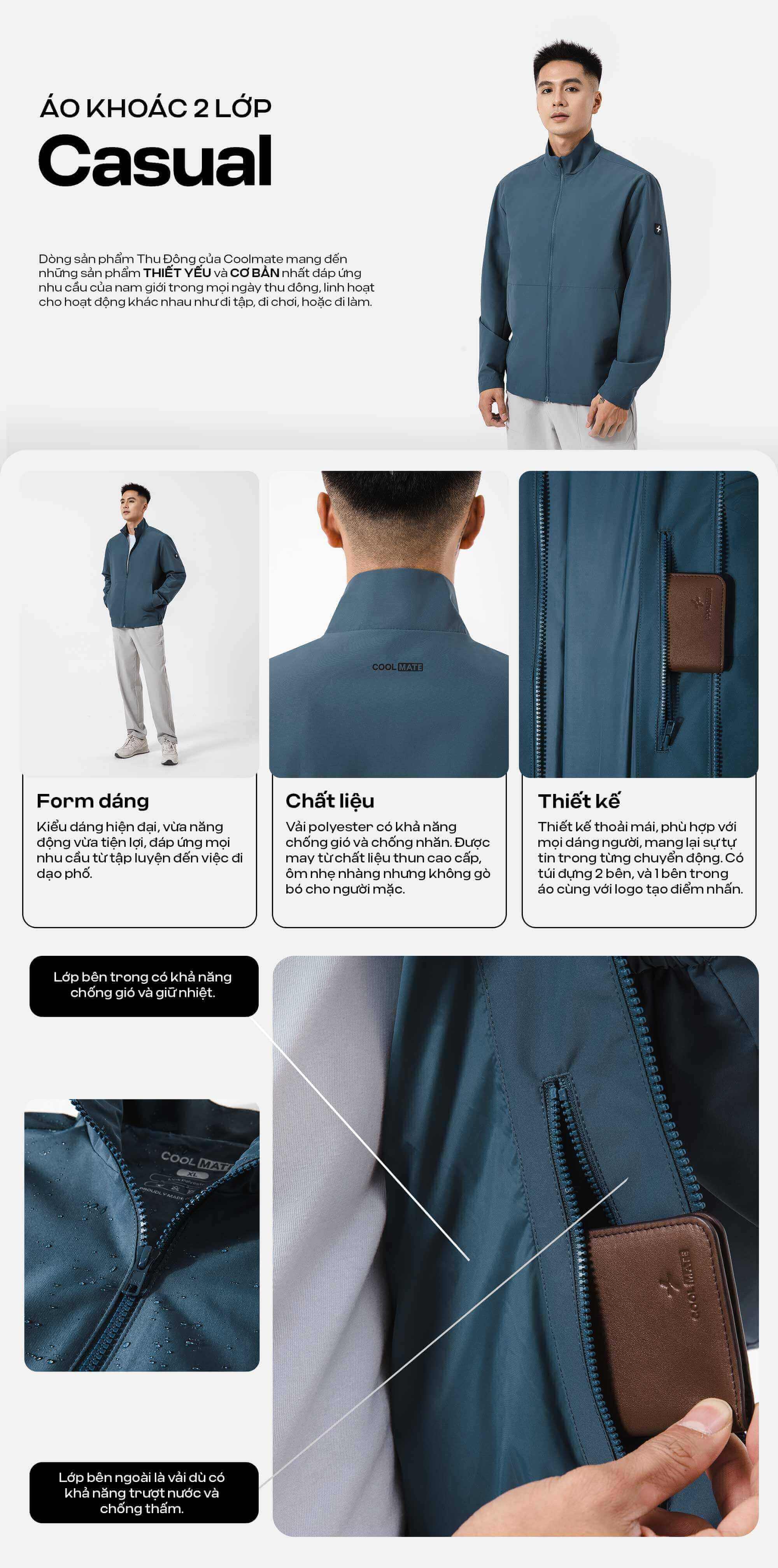 Toàn cảnh và chi tiết áo khoác 2 lớp Casual Coolmate