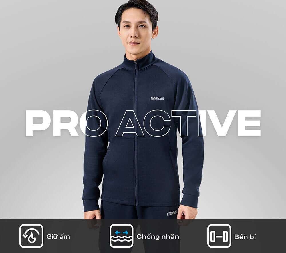 Áo Khoác Nam Thể Thao Pro Active màu xanh navy với các icon tính năng giữ ấm, chống nhăn, bền bỉ