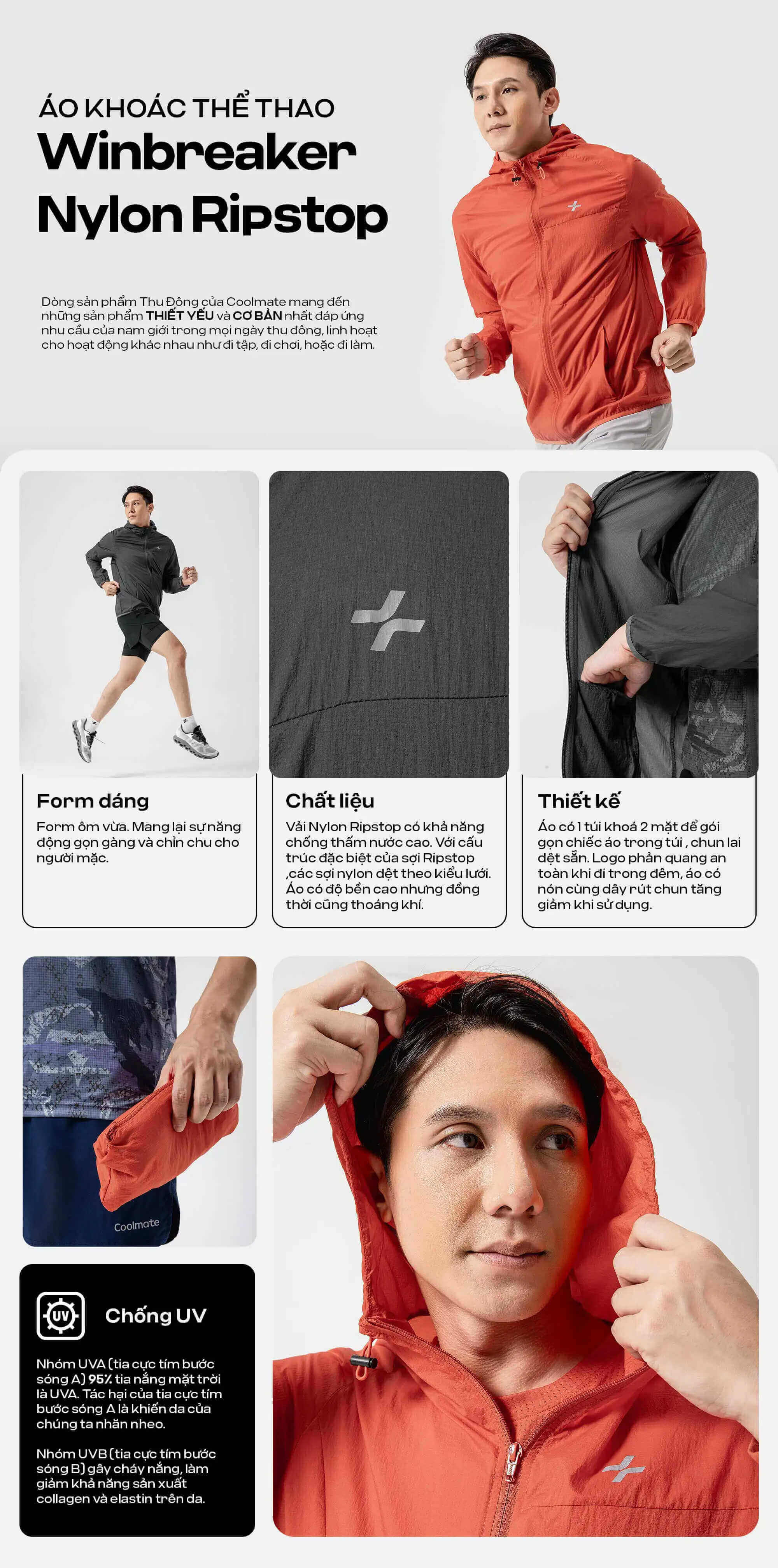 Tổng quan các tính năng nổi bật của áo khoác thể thao Winbreaker Nylon Ripstop như form dáng, chất liệu, thiết kế và khả năng chống UV