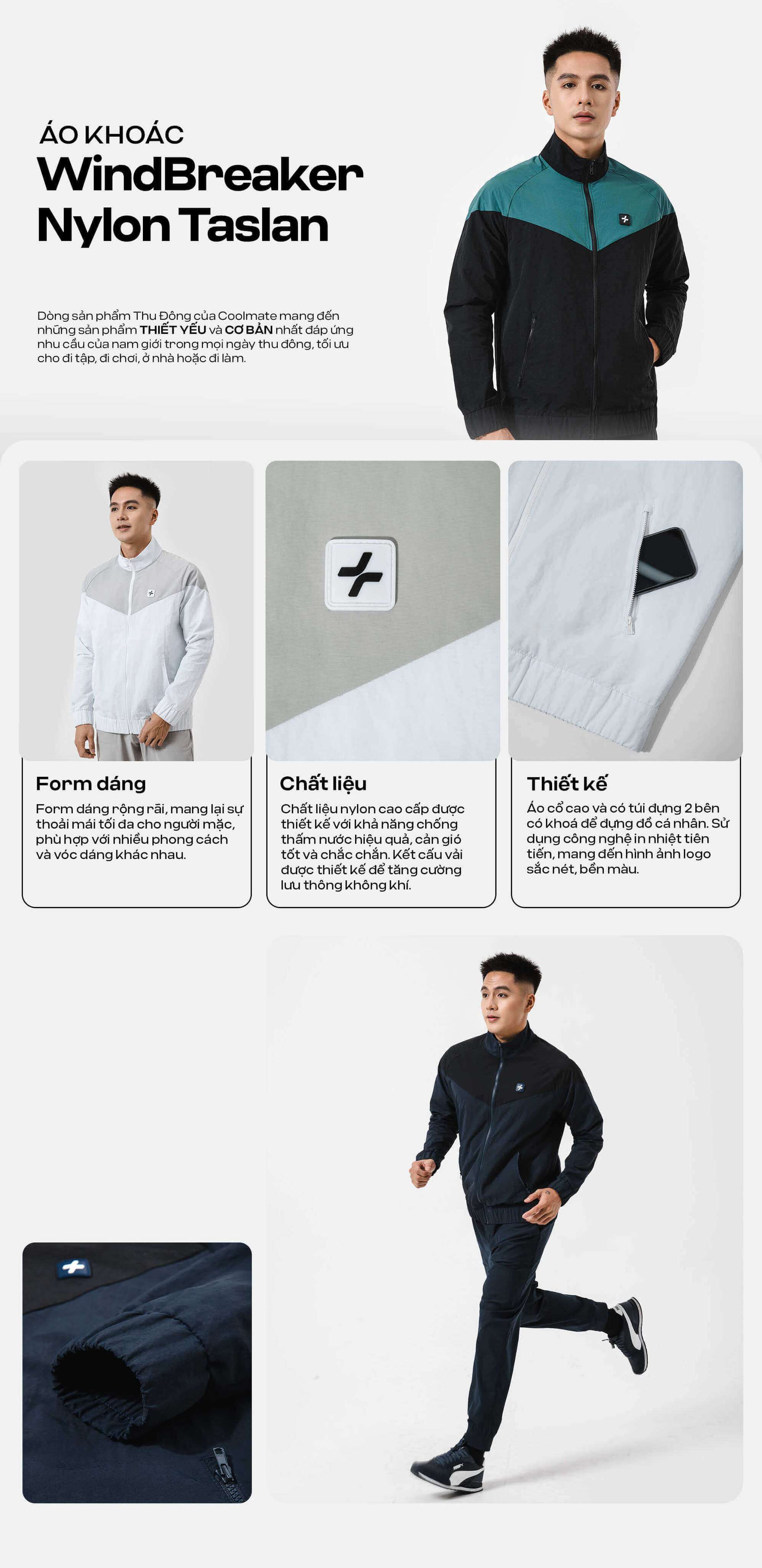Chi tiết áo khoác WindBreaker Nylon Taslan với form dáng, chất liệu và thiết kế túi