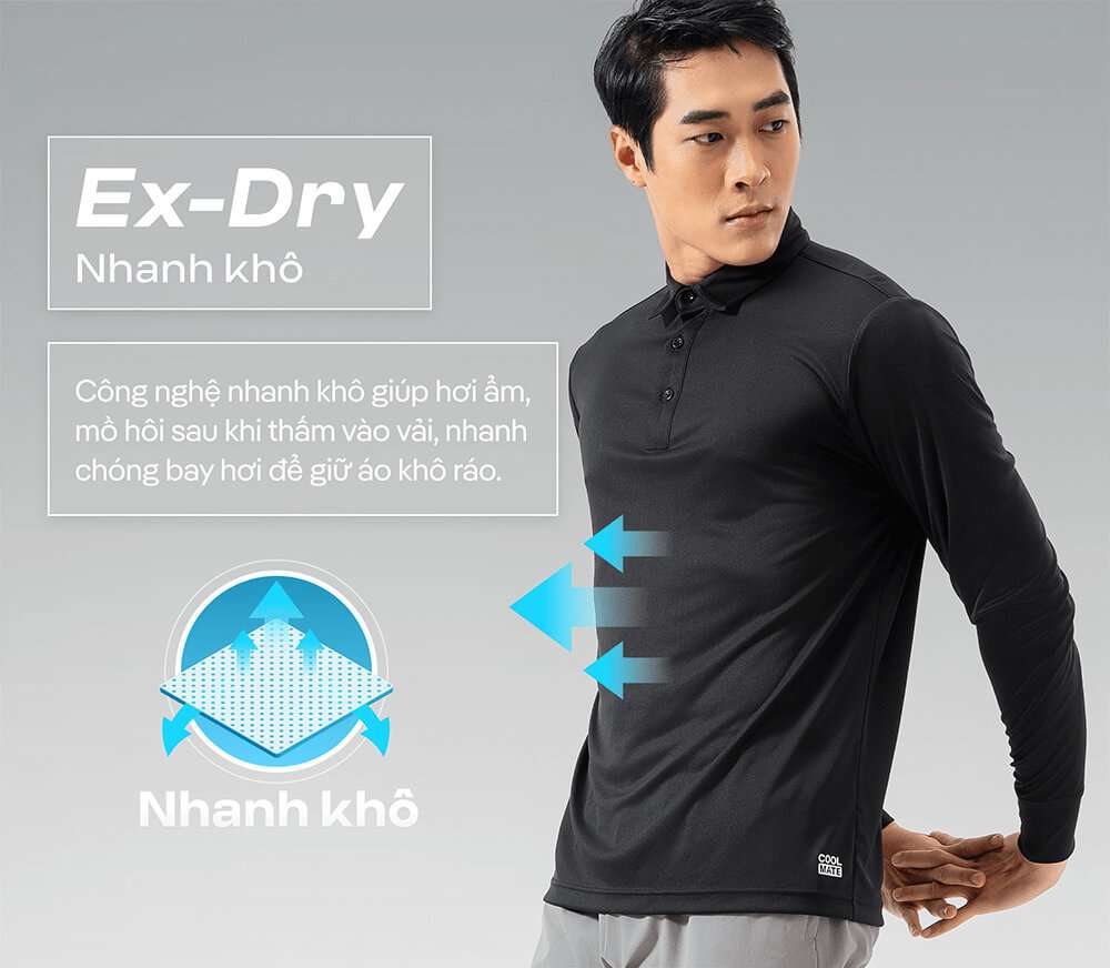 Công nghệ Ex-Dry nhanh khô trên Áo Polo Dài Tay Thể Thao Essentials màu đen