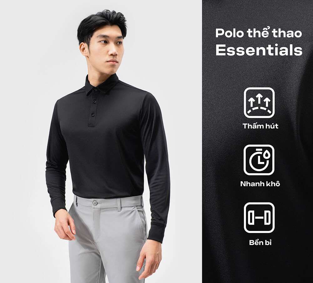 Áo Polo Nam Dài Tay Thể Thao Essentials màu đen với các tính năng thấm hút, nhanh khô, bền bỉ