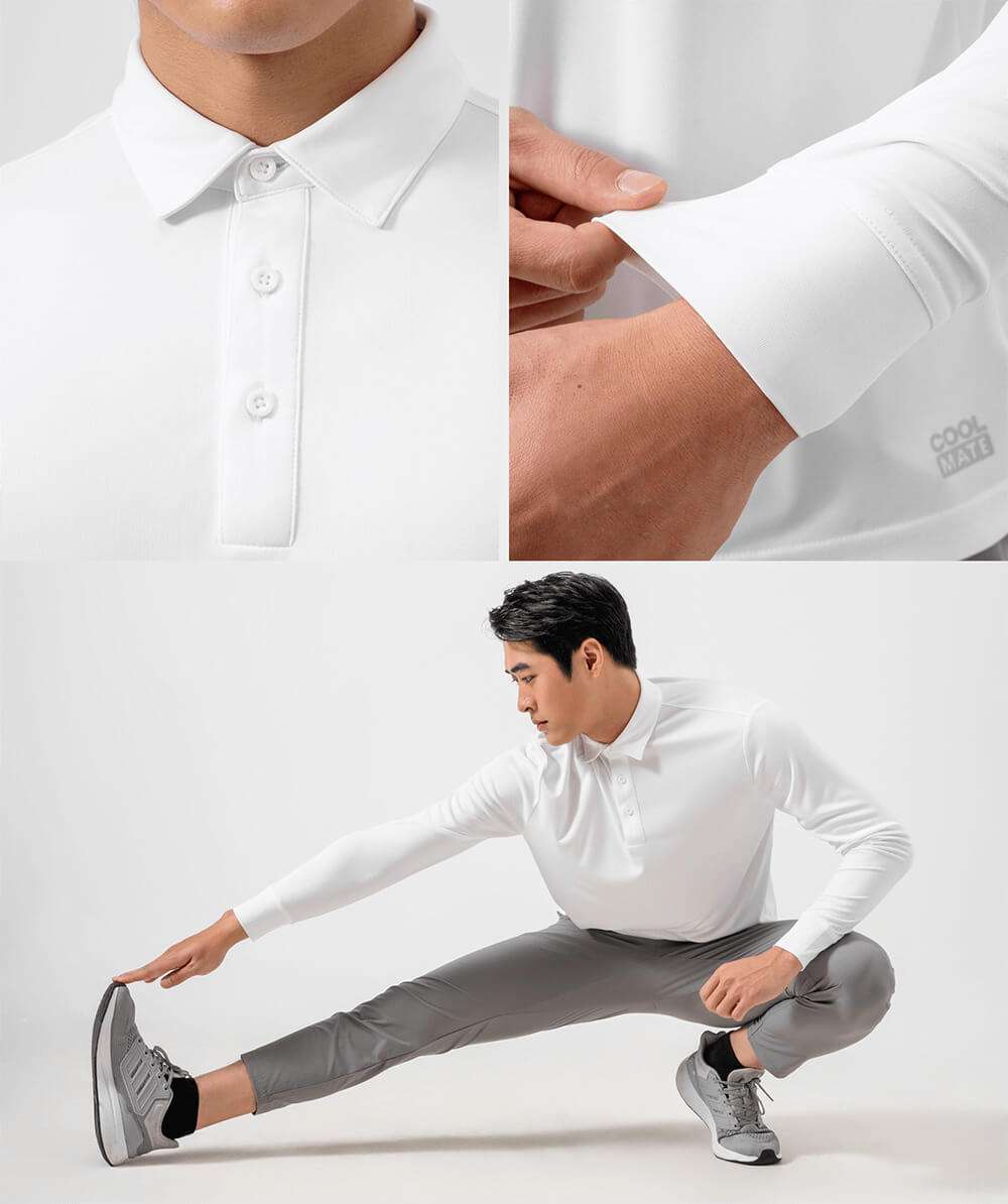 Chi tiết cổ áo, cổ tay và phom dáng Áo Polo Nam Dài Tay Thể Thao Essentials màu trắng