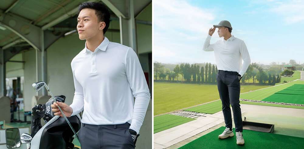 Mẫu nam mặc Áo Polo Dài Tay Thể Thao Essentials trắng khi chơi golf