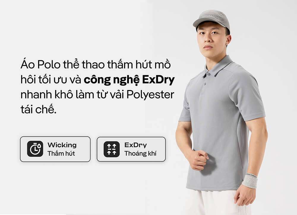 Áo Polo thể thao Active Premium màu xám thấm hút mồ hôi