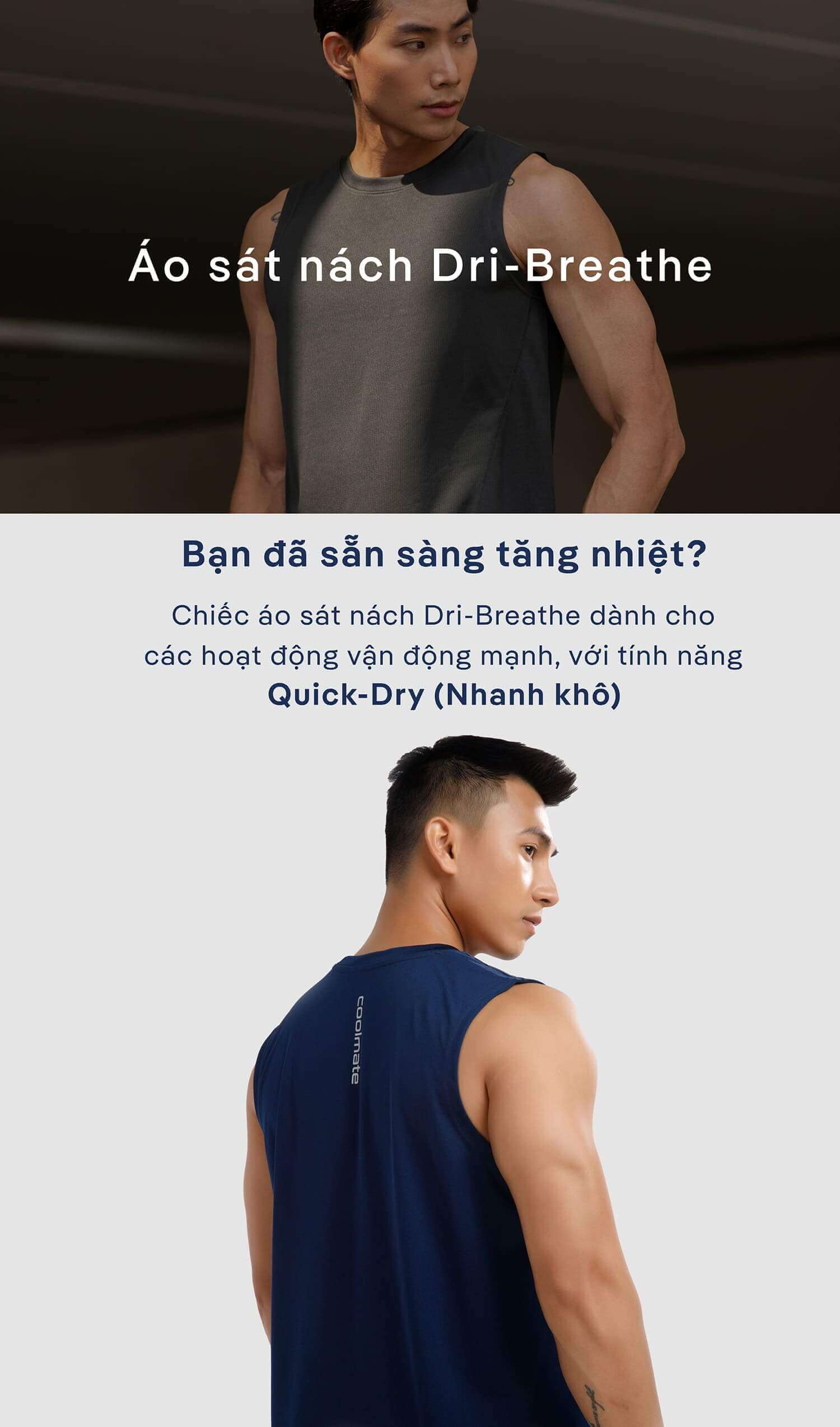 Người mẫu nam mặc áo sát nách Dri-Breathe màu xám và màu xanh, sẵn sàng cho buổi tập