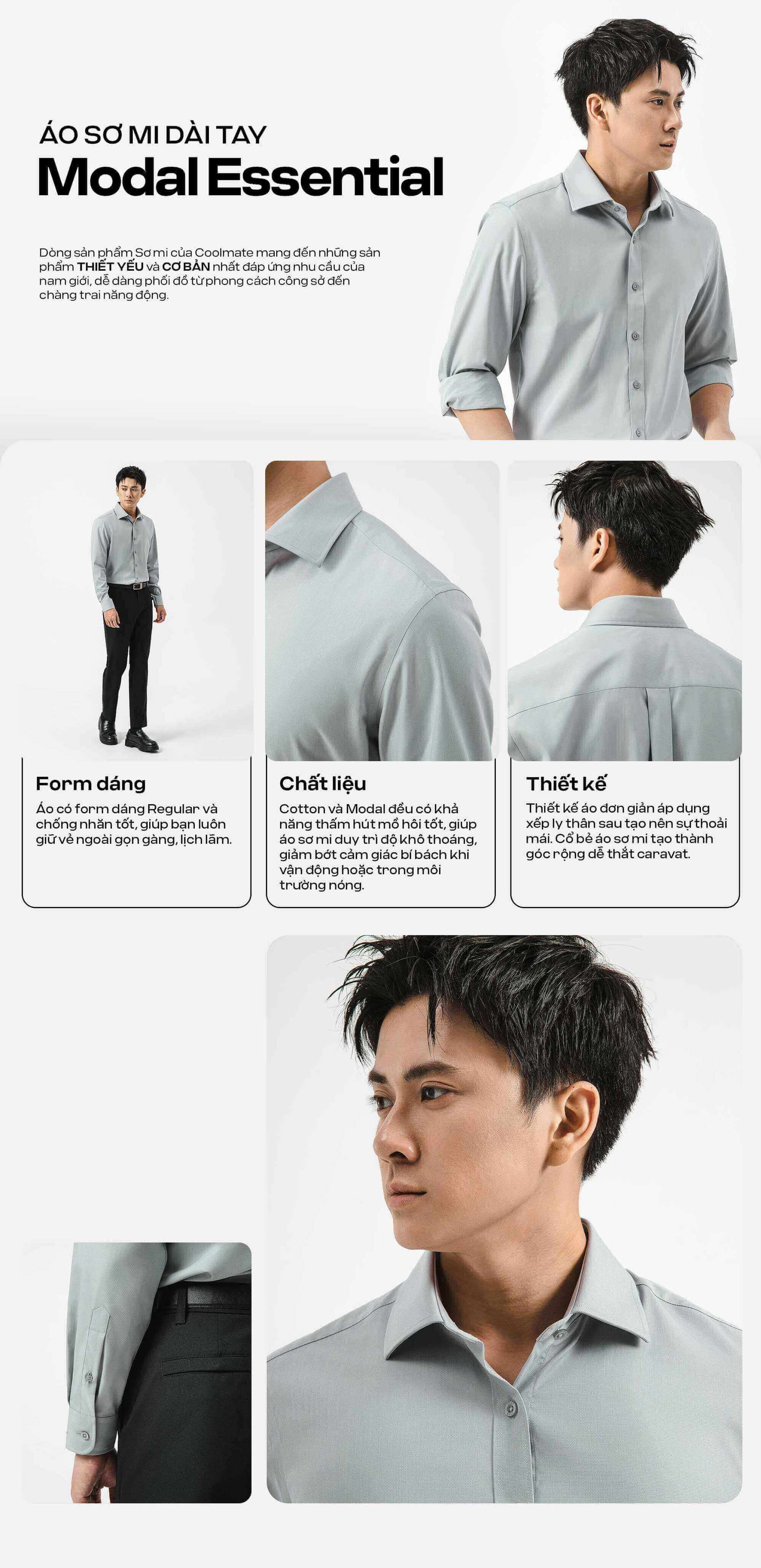 Áo sơ mi dài tay Modal Essential màu xám ghi với các chi tiết về form dáng, chất liệu và thiết kế