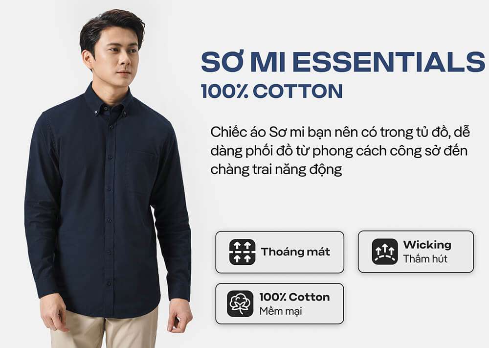 Áo sơ mi essentials 100% cotton thoáng mát và thấm hút tốt
