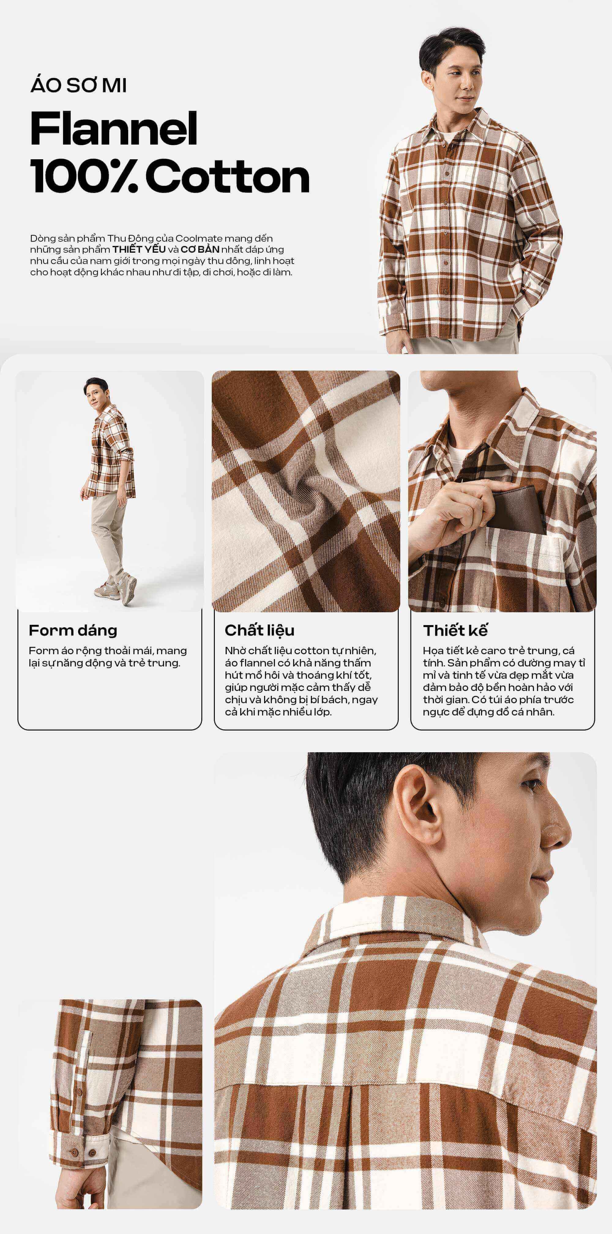 Tổng thể áo sơ mi flannel 100% cotton với chi tiết chất liệu, form dáng và thiết kế