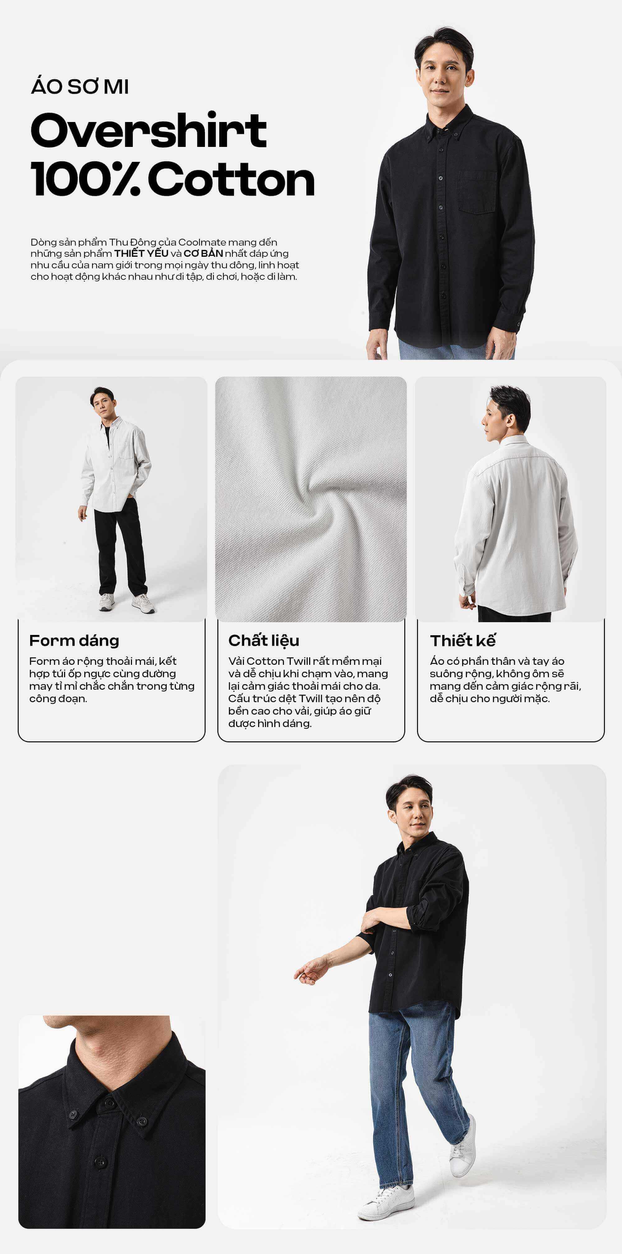 Áo sơ mi Overshirt 100% Cotton Coolmate với hai màu đen, be và chi tiết form dáng, chất liệu