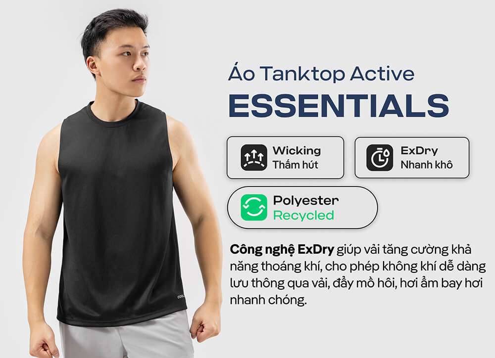 Áo Tanktop Active Essentials màu đen với tính năng thấm hút và nhanh khô