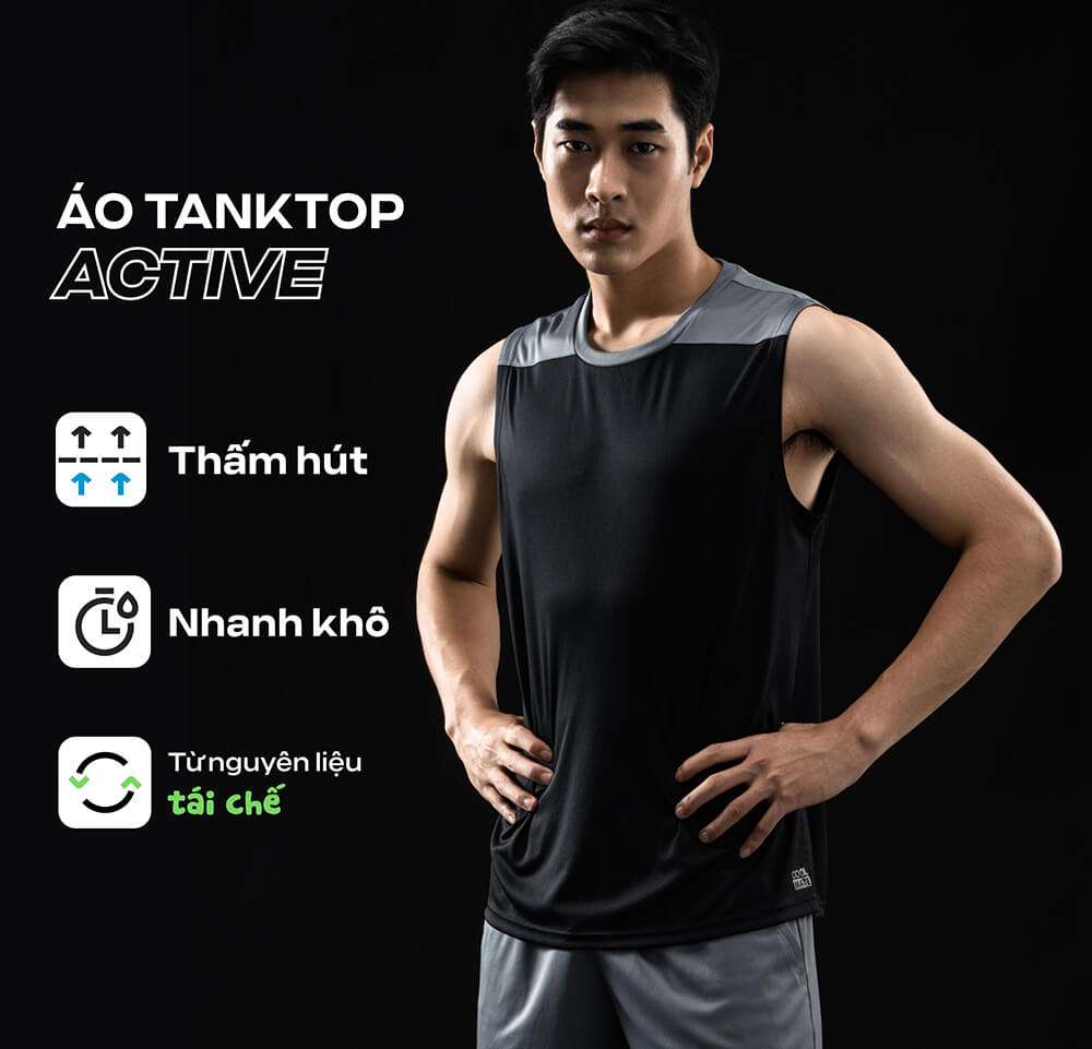 Áo Tanktop Nam Thể Thao Active với các tính năng thấm hút, nhanh khô và làm từ nguyên liệu tái chế