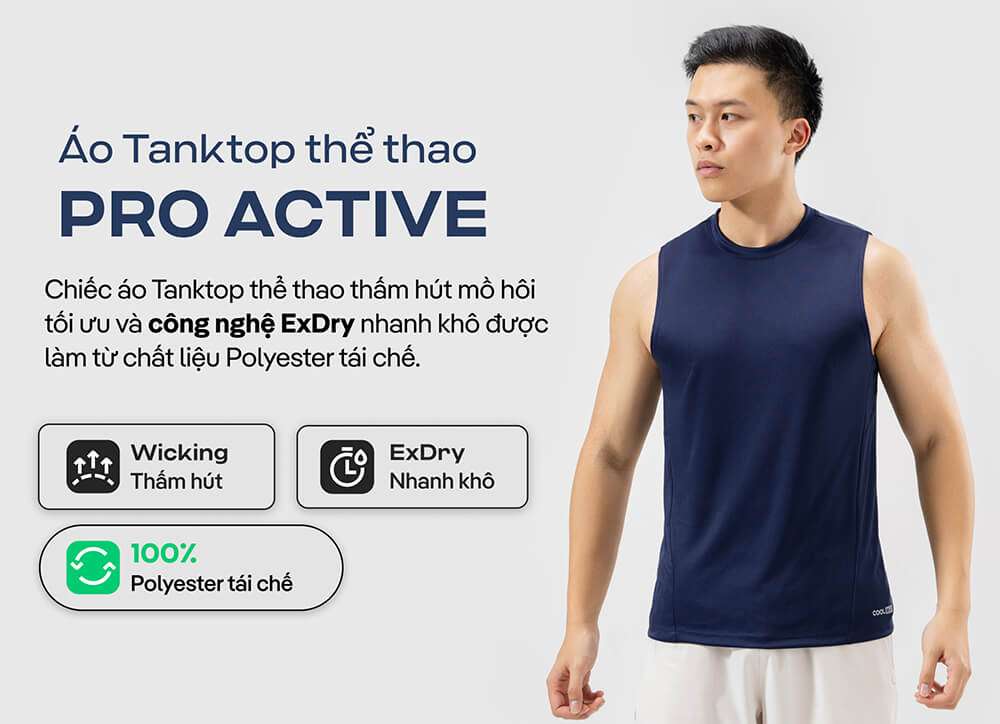 Áo Tanktop Thể Thao Pro Active màu xanh navy với các tính năng nổi bật
