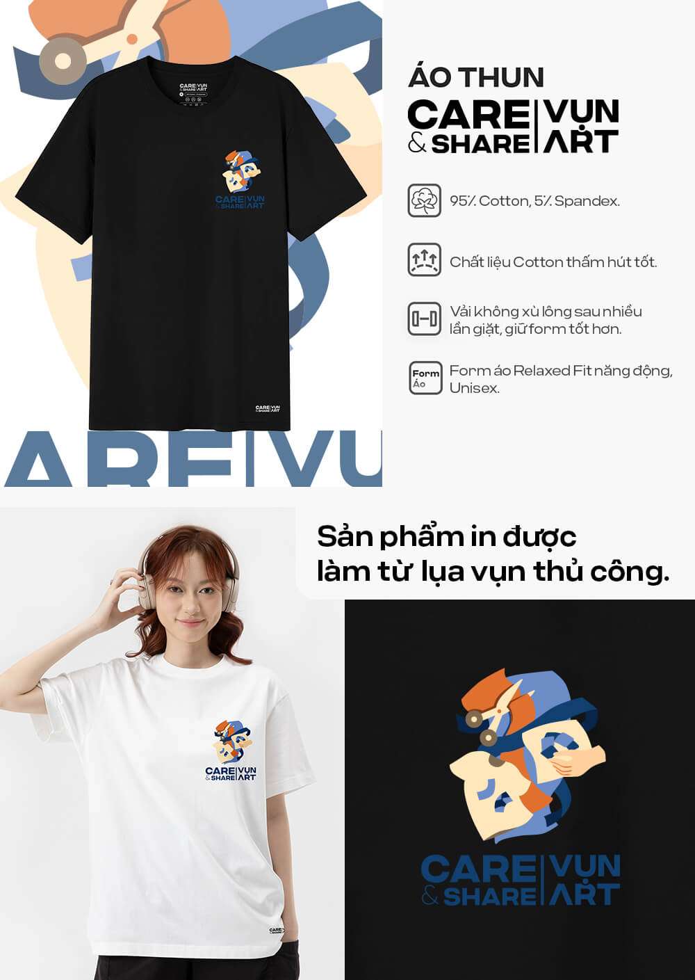 Áo thun Care & Share Vụn Art II màu đen và trắng với hình in lụa thủ công ở ngực trái