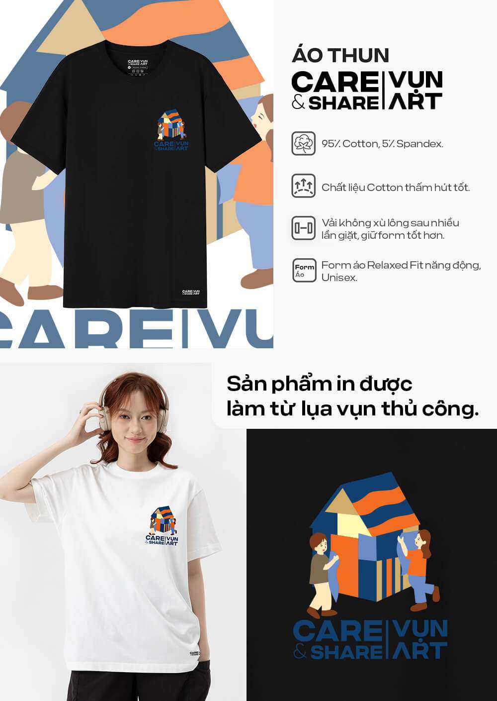 Áo thun Cotton Compact CARE & SHARE VỤN ART III màu đen và trắng