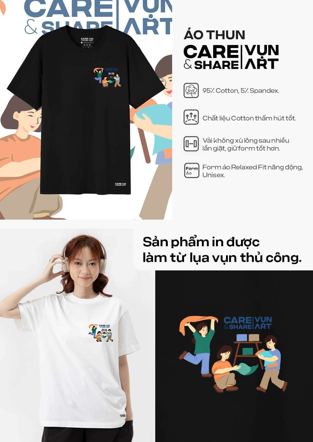 Áo thun Cotton Compact CARE SHARE In Lụa VỤN ART I với hai màu đen trắng và các đặc tính nổi bật
