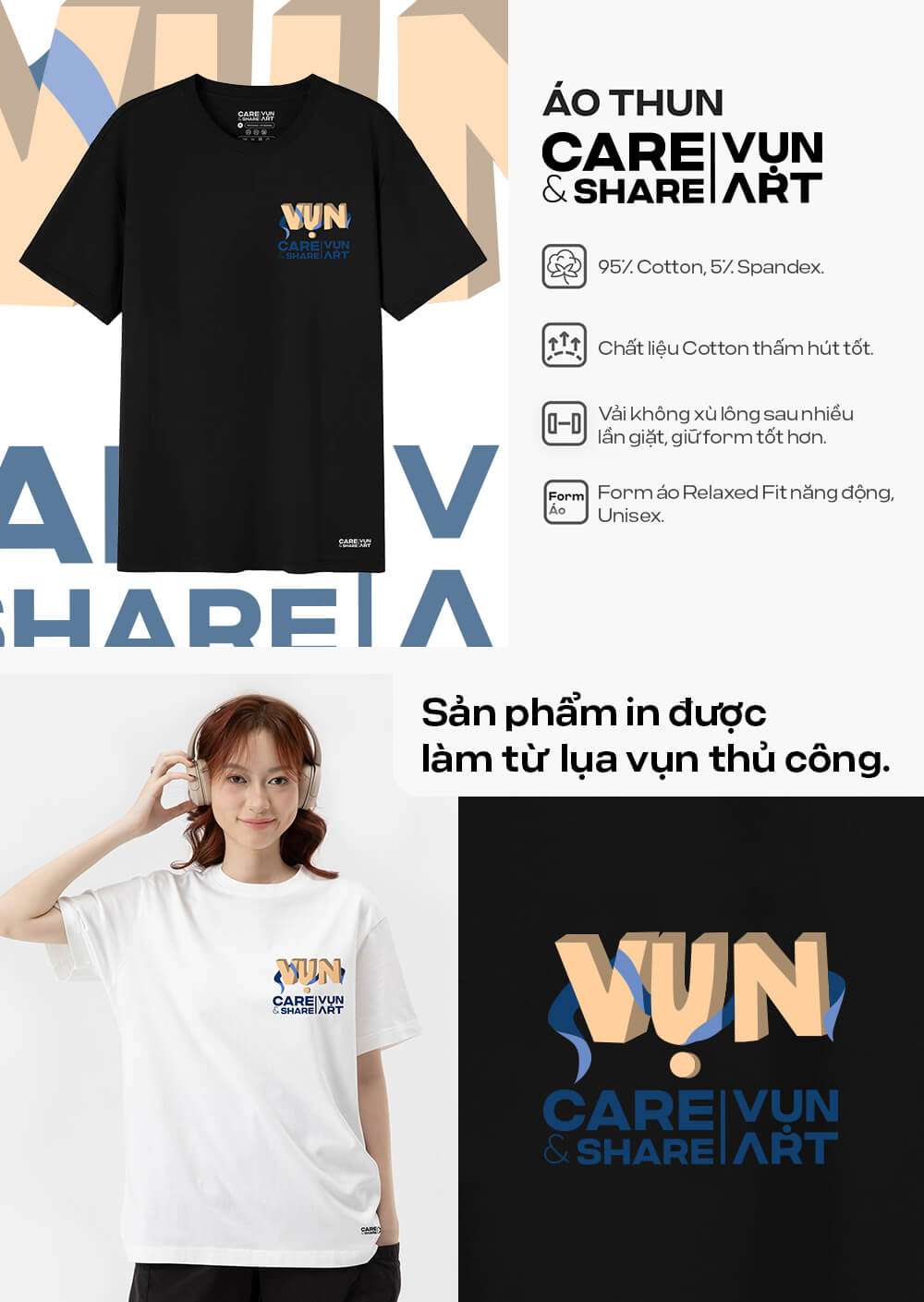Áo thun CARE & SHARE VỤN ART IV Chung tay xây nhà mới màu đen và trắng cùng các đặc tính nổi bật của sản phẩm