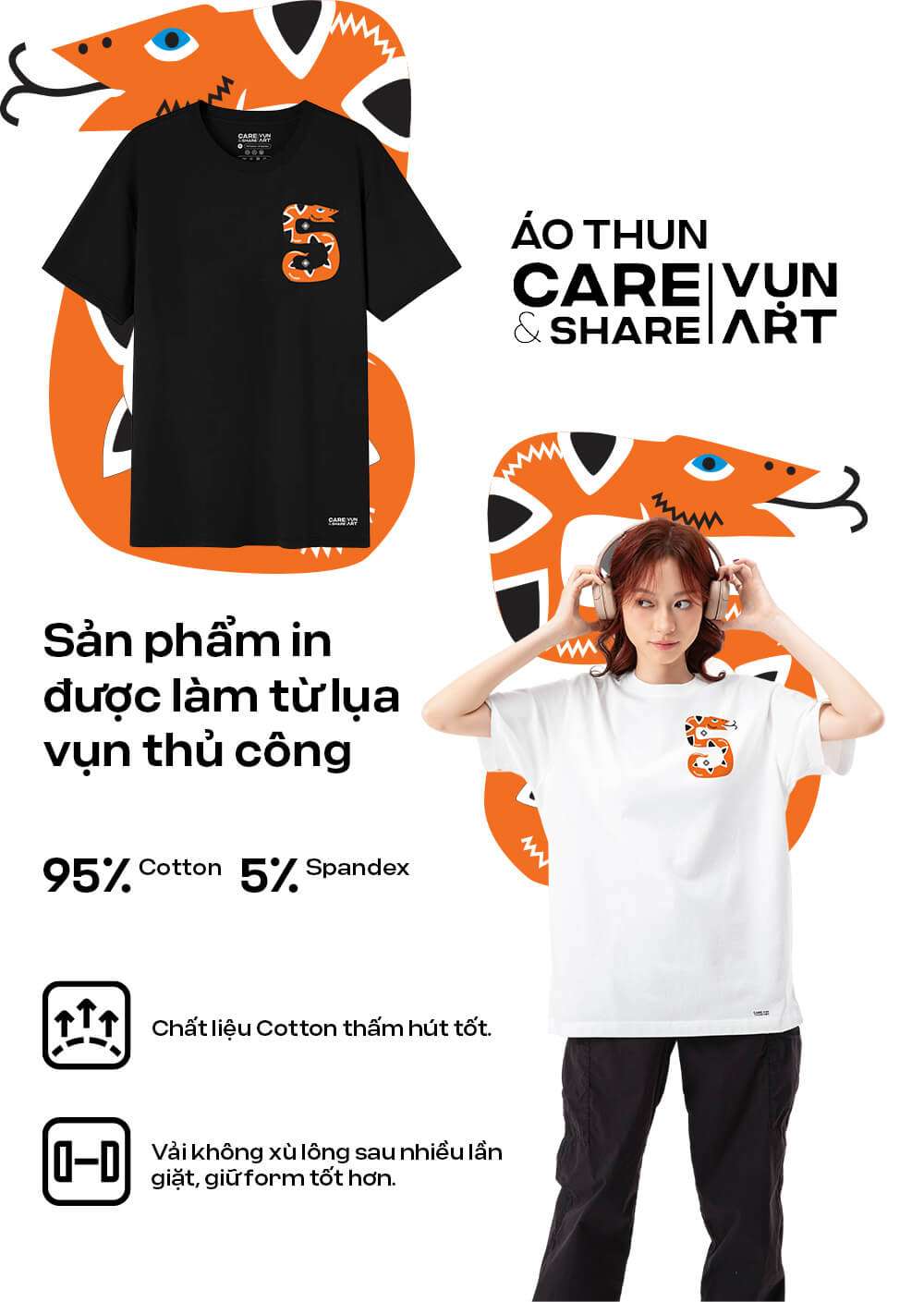 Áo thun Cotton Compact CARE SHARE In Lụa VỤN ART Tết rắn rỏi 1 màu đen và trắng với họa tiết con rắn cách điệu