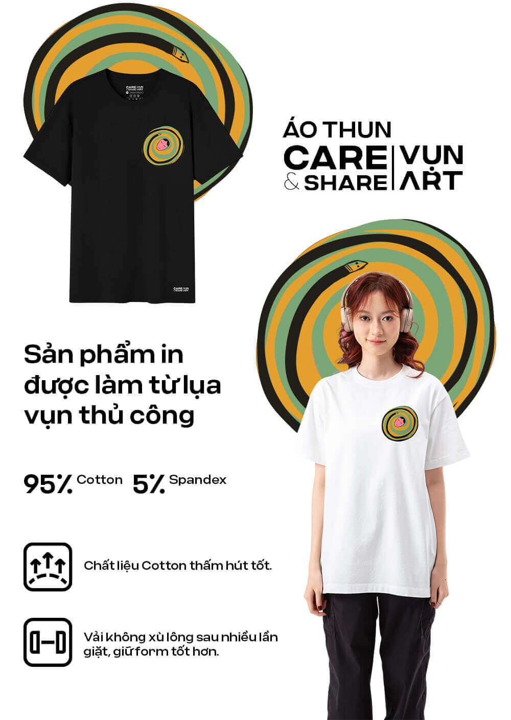 Áo thun Care & Share Vụn Art Tết rắn rỏi 3 màu đen và trắng với chất liệu cotton thấm hút tốt