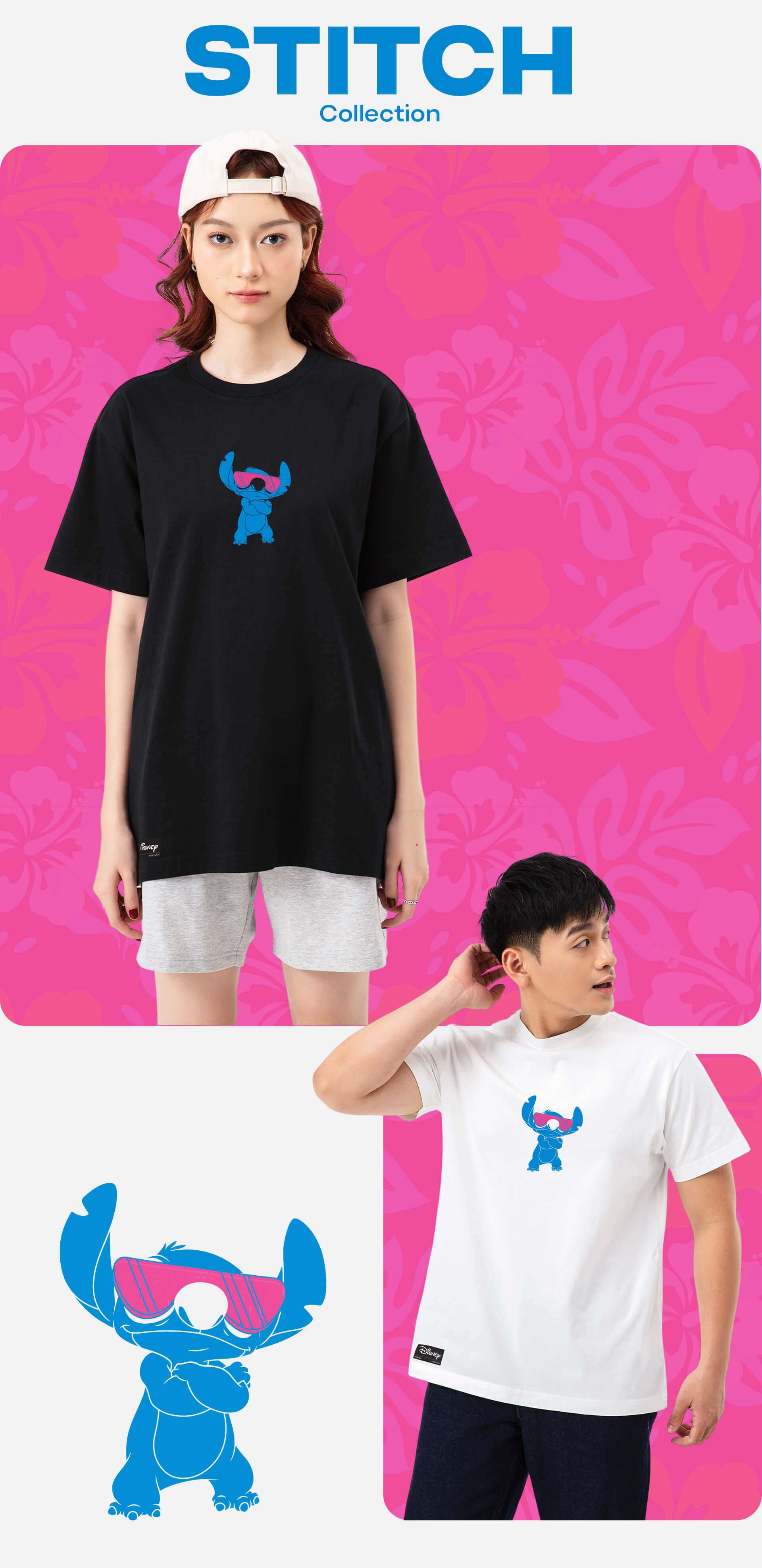 Người mẫu nam và nữ cùng mặc áo thun Cotton 220gsm Fit Stitch màu đen và trắng