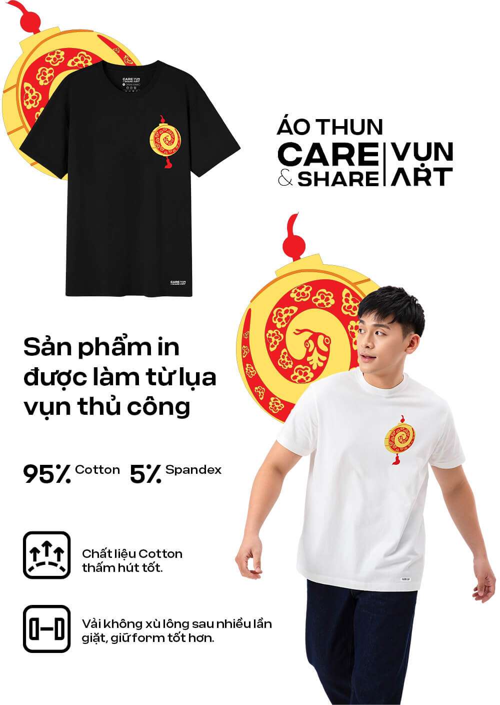 Áo thun Cotton Compact Care & Share Vụn Art Tết Rắn Rỏi 6 màu đen và trắng