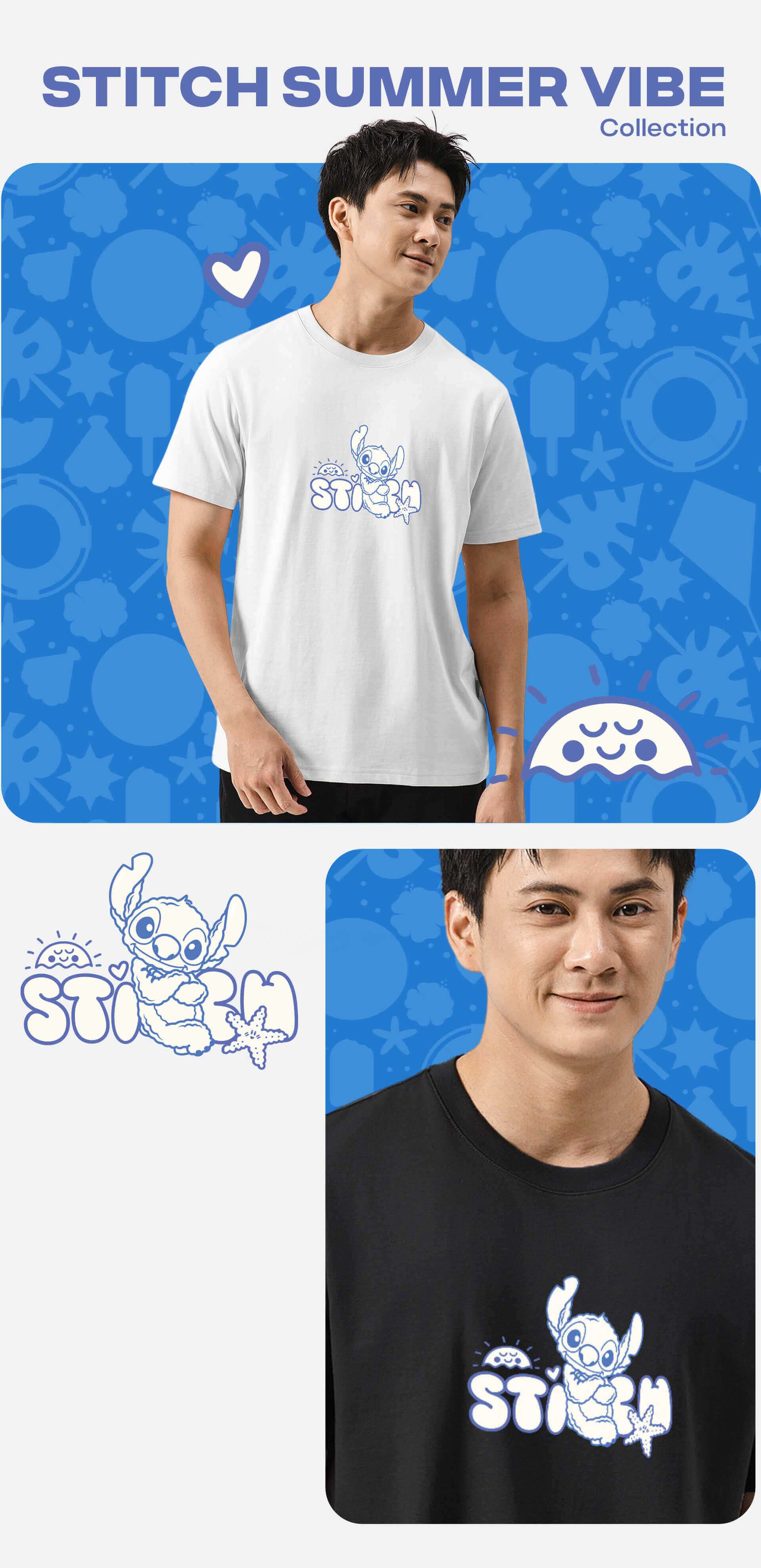 Áo thun Stitch Summer Vibe với các phiên bản màu sắc và chi tiết hình in