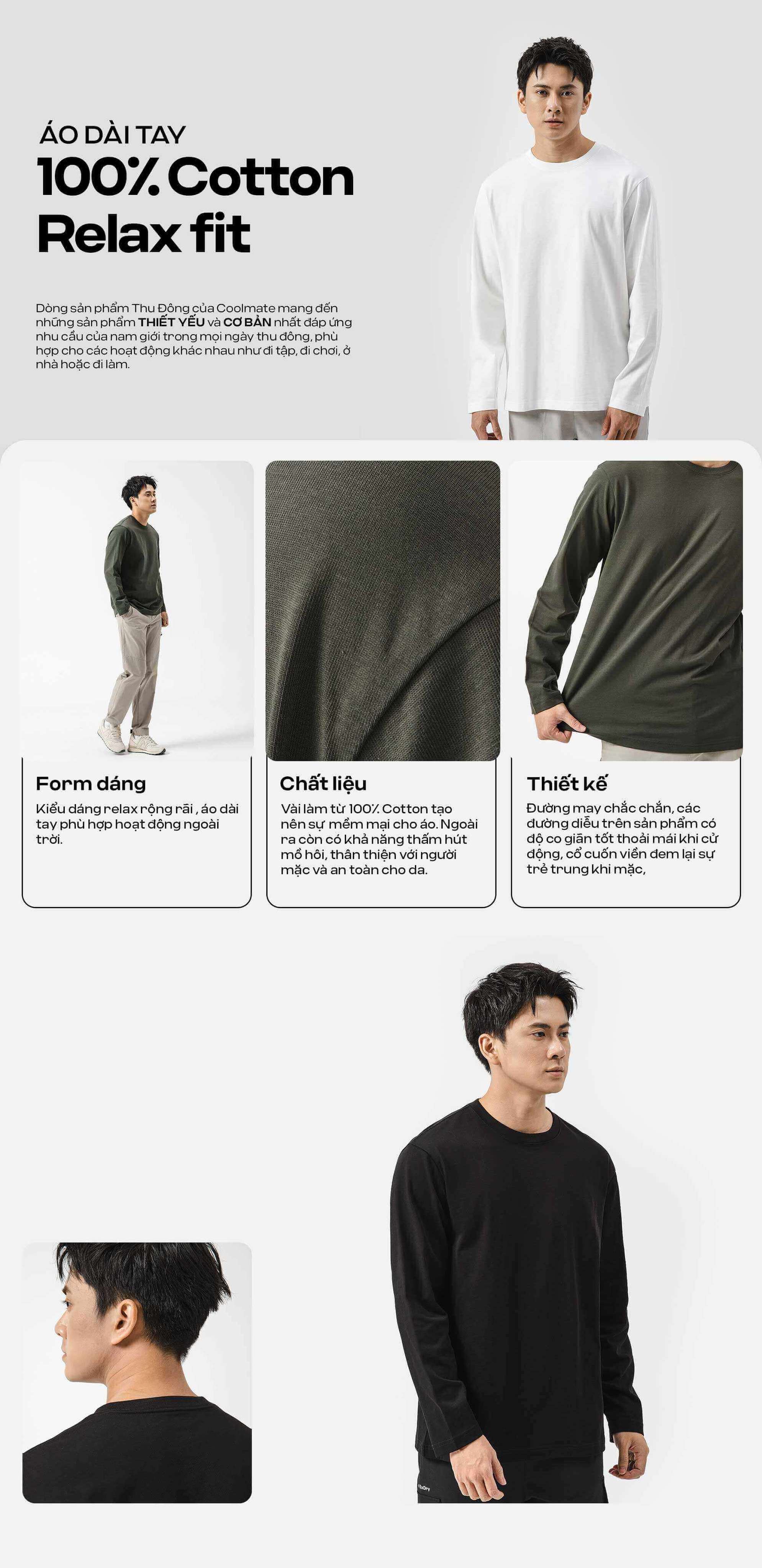 Tổng quan áo thun dài tay 100% Cotton Relax fit với hình ảnh người mẫu mặc các màu và chi tiết chất liệu, form dáng