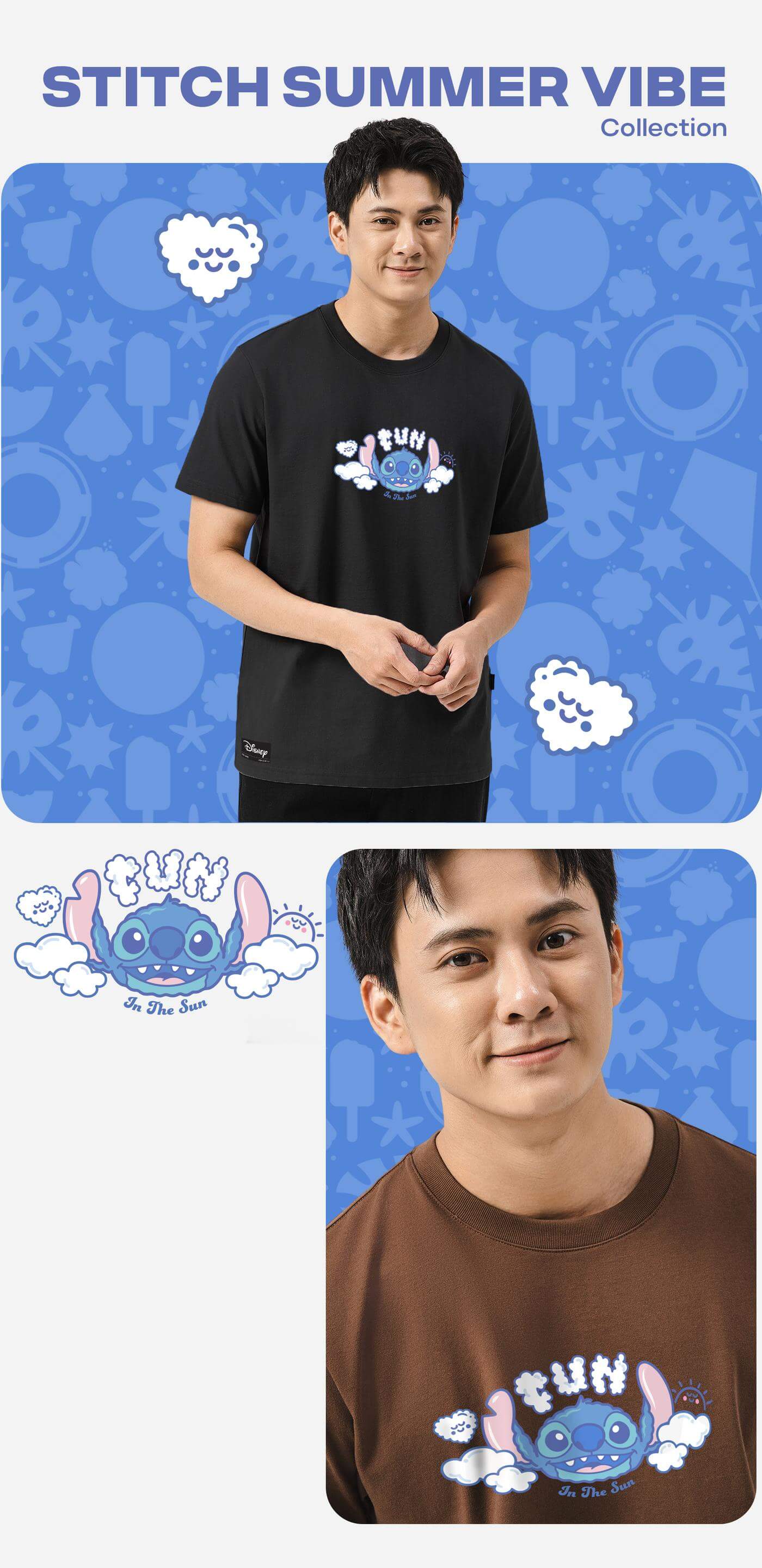 Áo thun Disney Stitch Fun In The Sun với các phiên bản màu đen, nâu và cận cảnh họa tiết Stitch