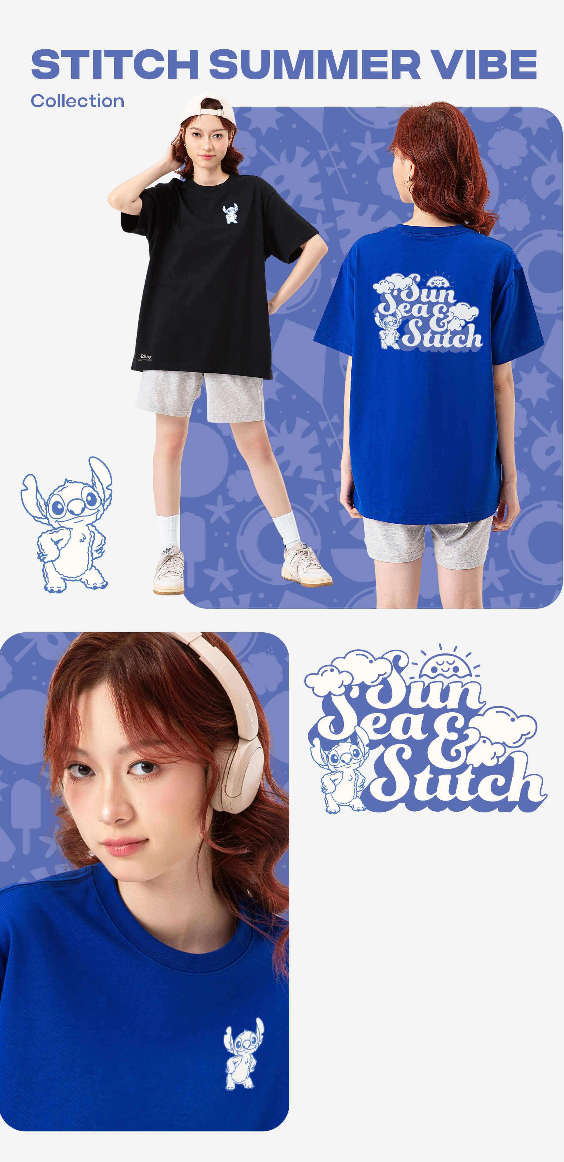 Người mẫu mặc áo thun Stitch Summer Vibe collection với các màu sắc khác nhau