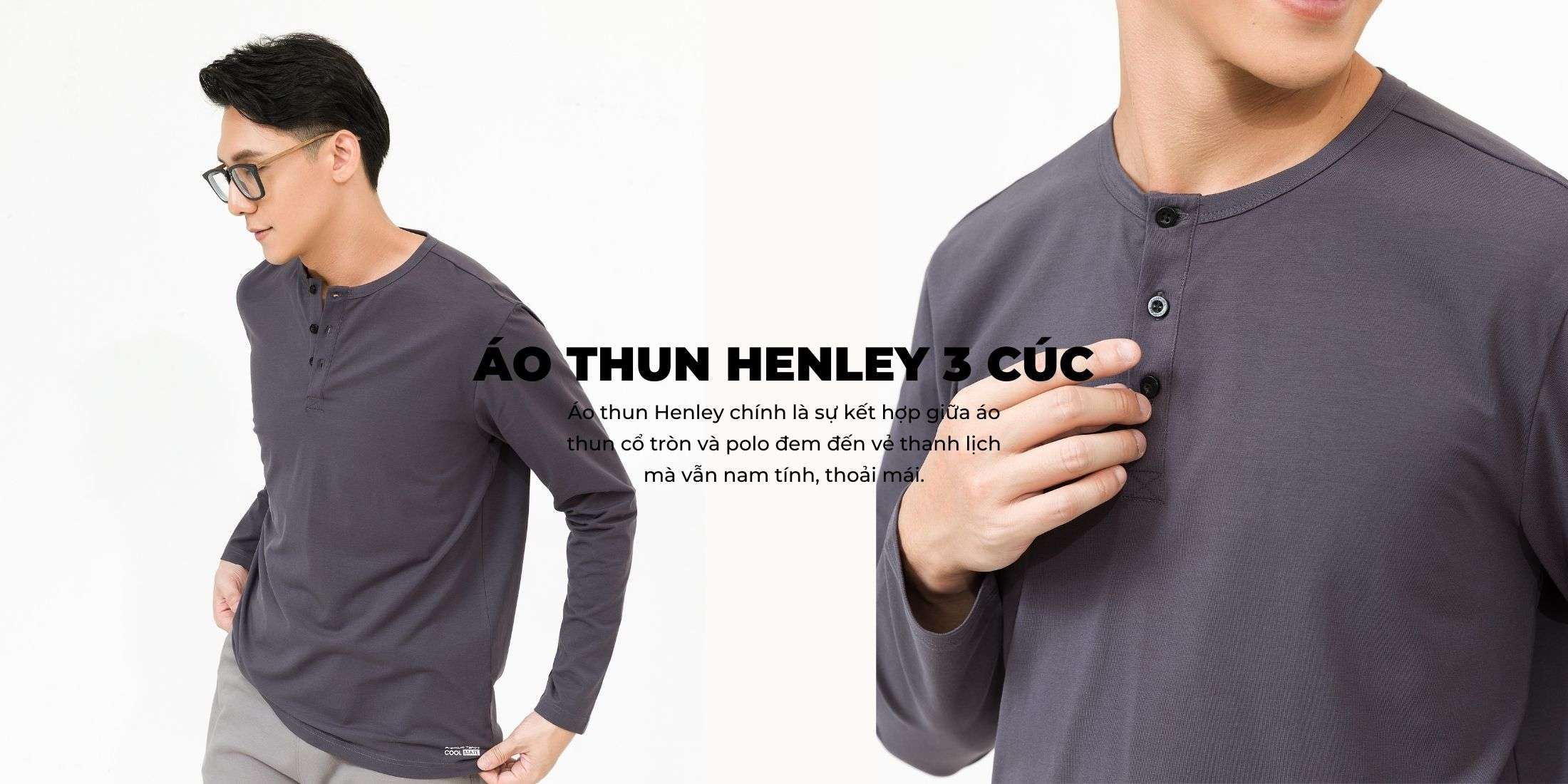 Áo thun Henley dài tay màu xám than nam tính