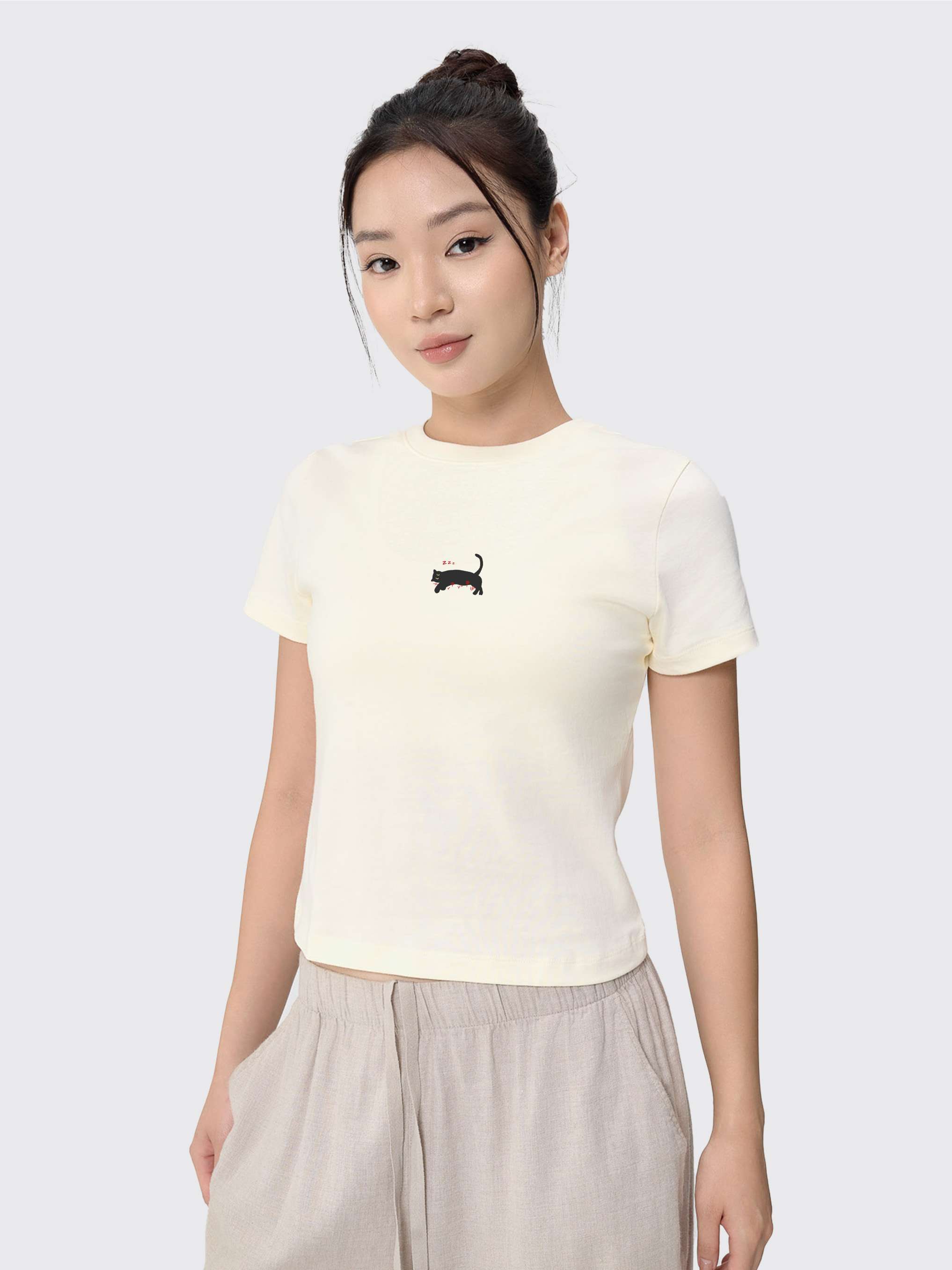 Áo thun nữ Baby Tee 100% Cotton Mèo lười