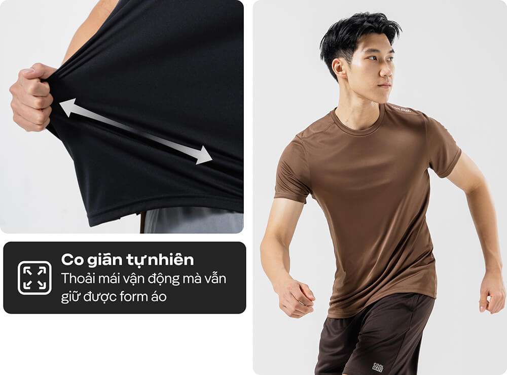 Hình ảnh mô tả độ co giãn tự nhiên của vải áo thun Pro Active, giúp vận động thoải mái