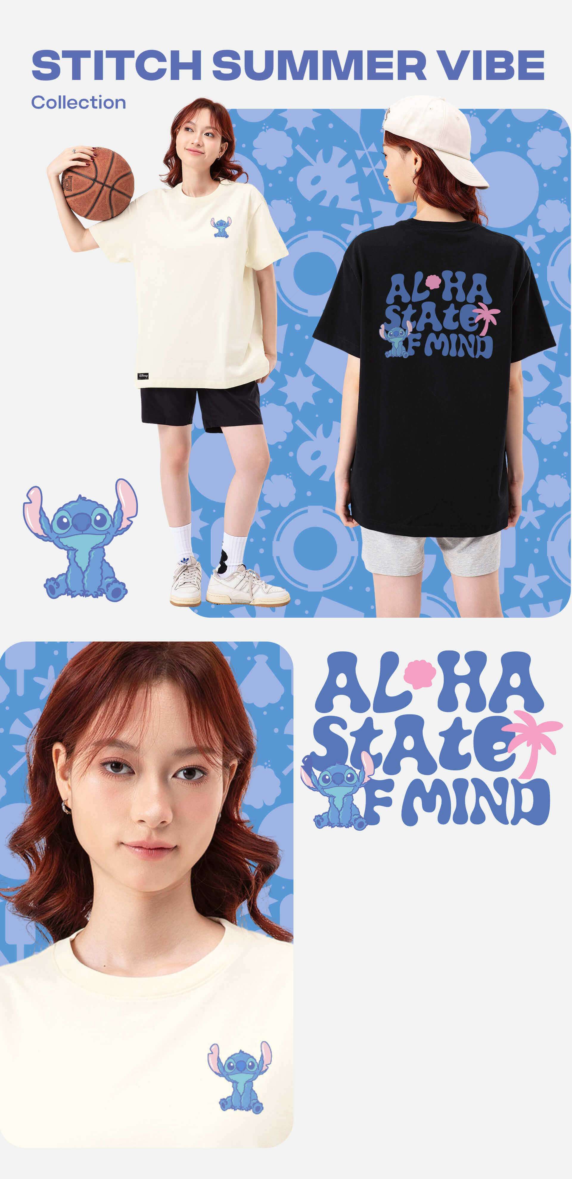 Áo thun Stitch Aloha màu đen và kem phối cùng quần short