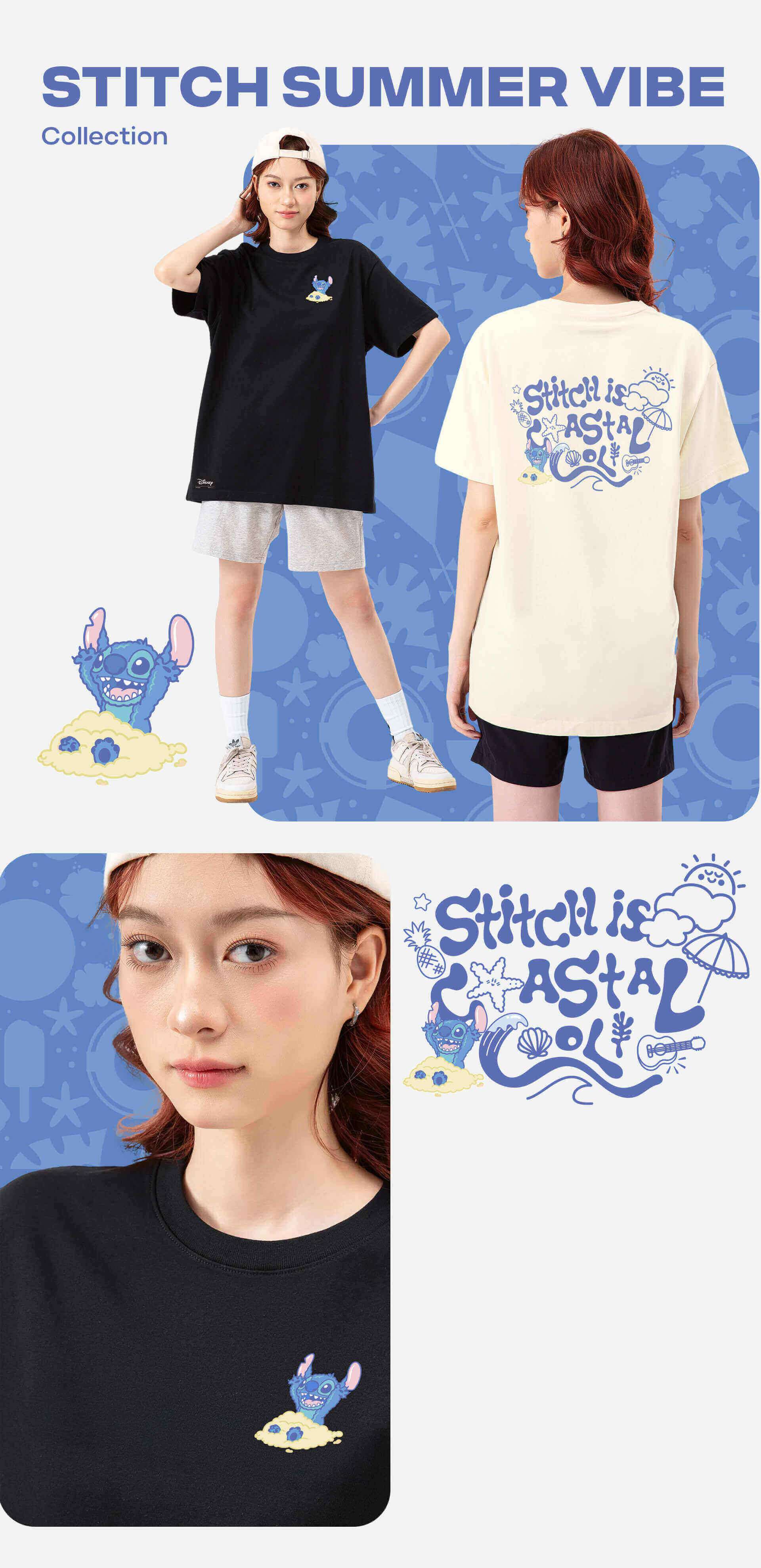Cô gái mặc áo thun Stitch Is Coastal Cool màu đen và màu kem phối cùng mũ lưỡi trai và quần short