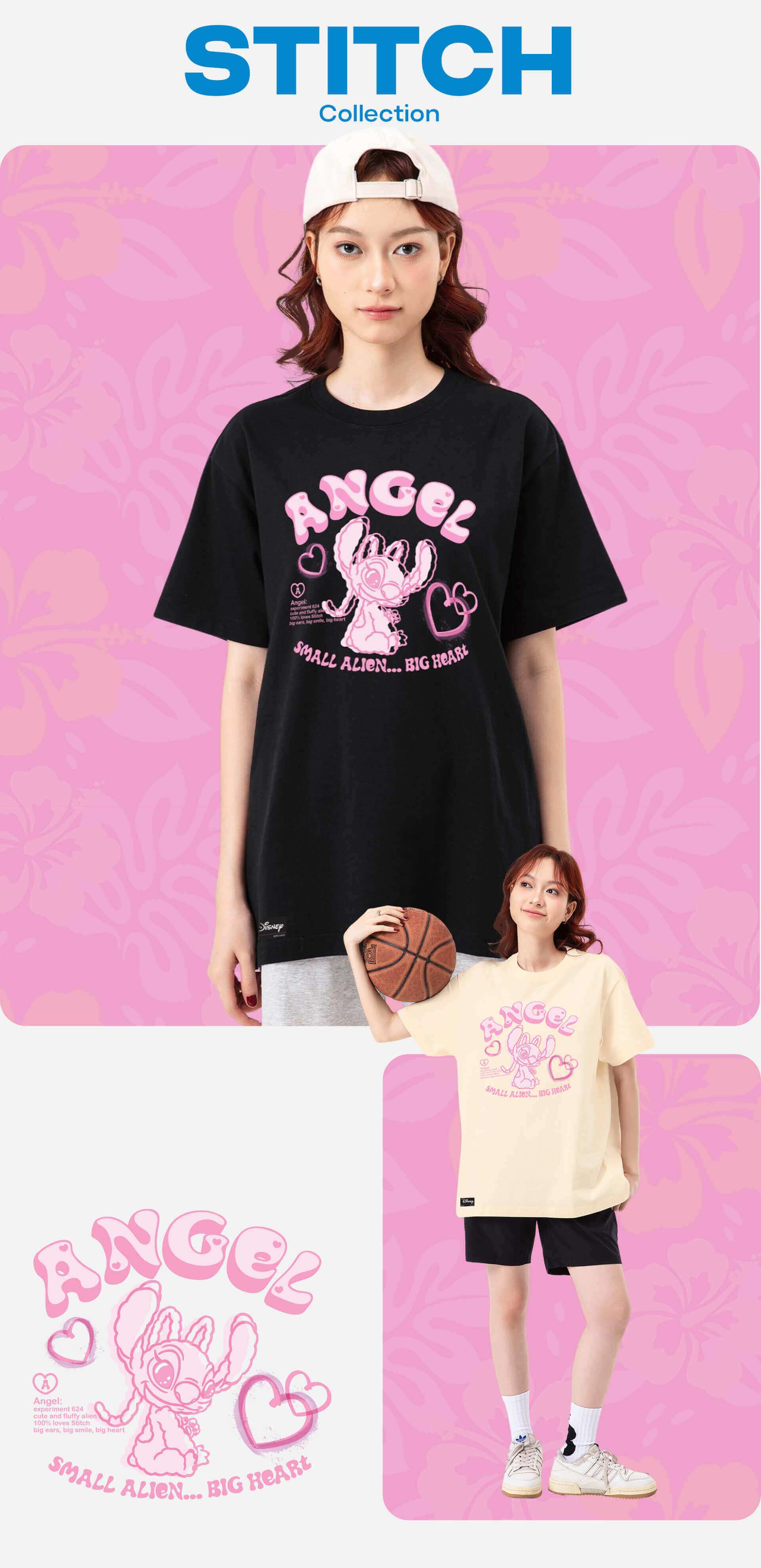 Người mẫu nữ mặc áo thun Relaxed Fit Stitch Angel màu đen và màu kem