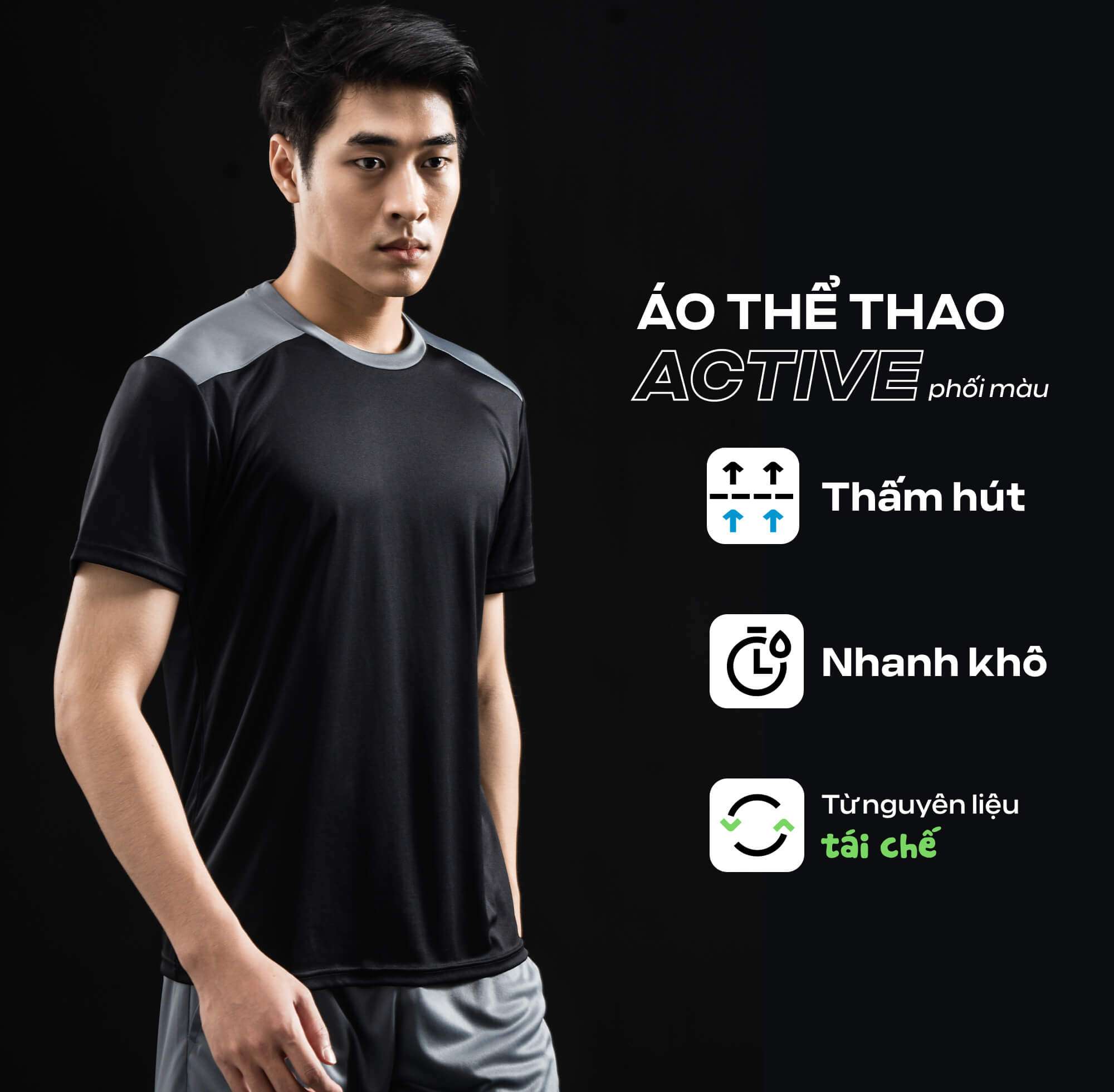 Áo thun thể thao nam Active phối màu đen xám với các tính năng thấm hút, nhanh khô, tái chế